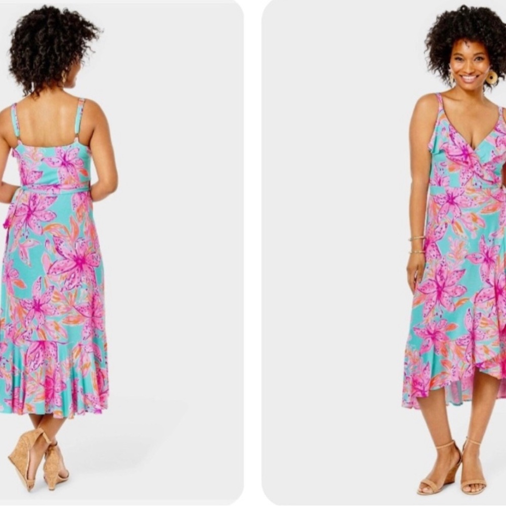 Worn once - Lilly Pulitzer Sz M Fontaine Wrap Dress - Surf Blue Bonita Blooms - Picture 5 of 11